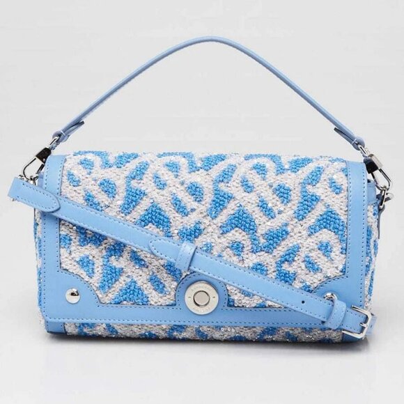 Burberry Cornflower Blue/White Leather/Fabric/Sequin Top Handle Small Note Bag - Picture 1 of 10